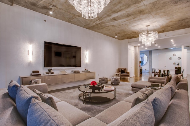 living room featuring an inviting chandelier