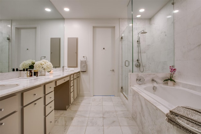 bathroom featuring vanity and plus walk in shower