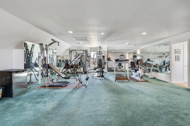 gym featuring vaulted ceiling