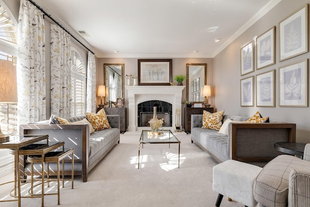 living room featuring light colored carpet and ornamental molding