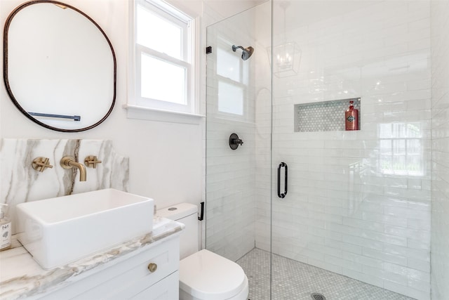 bathroom featuring vanity, a shower with door, and toilet