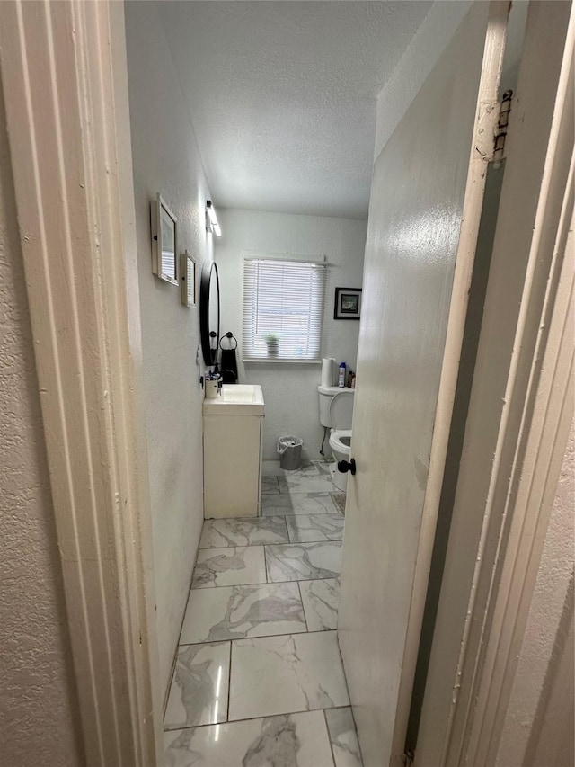 bathroom with vanity, toilet, and a textured ceiling