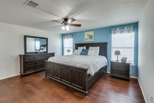 bedroom featuring dark hardwood / wood-style flooring, multiple windows, and a textured ceiling