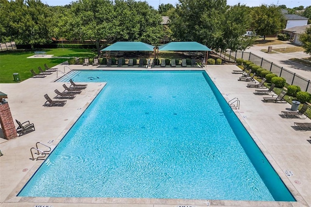 view of swimming pool with a patio area and a lawn