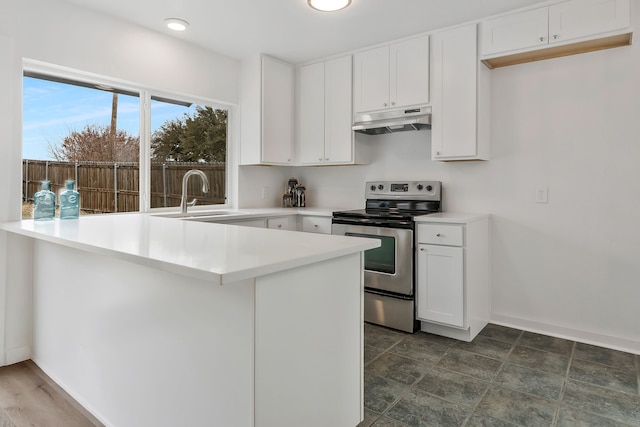 kitchen featuring white cabinetry, stainless steel electric stove, sink, and kitchen peninsula