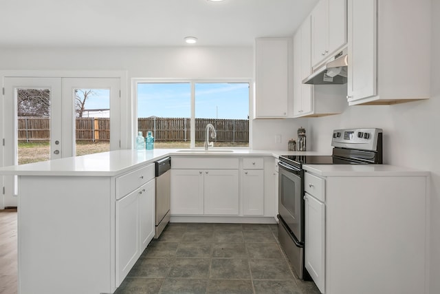 kitchen with white cabinetry, kitchen peninsula, a healthy amount of sunlight, and appliances with stainless steel finishes