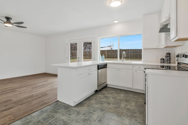 kitchen with french doors, sink, white cabinetry, kitchen peninsula, and stainless steel appliances