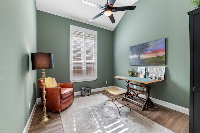 office area with vaulted ceiling, ceiling fan, and hardwood / wood-style floors