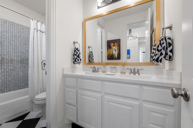 full bathroom with vanity, shower / bathtub combination with curtain, and toilet