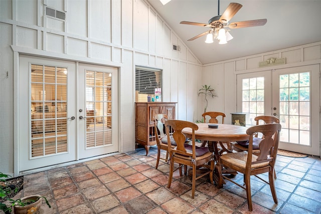 dining room with high vaulted ceiling, french doors, and ceiling fan