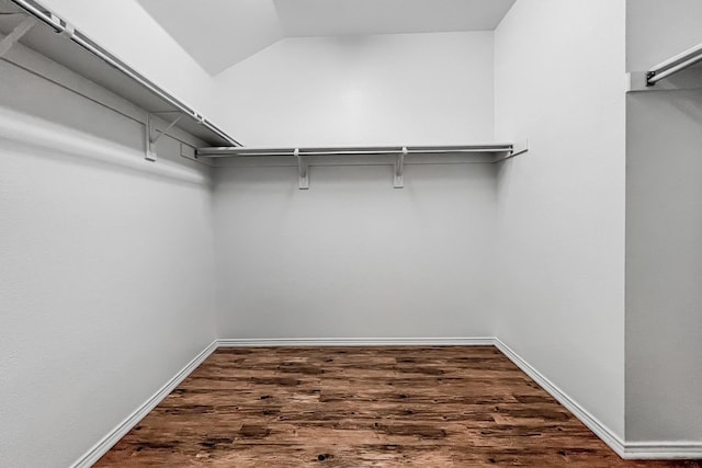 spacious closet featuring lofted ceiling and dark hardwood / wood-style flooring