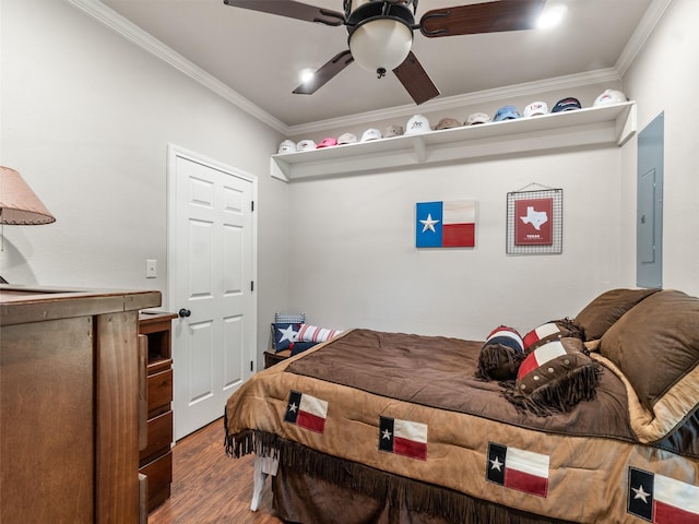 bedroom featuring hardwood / wood-style flooring, ornamental molding, electric panel, and ceiling fan