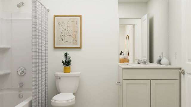 full bathroom with vanity, shower / bath combination with curtain, and toilet