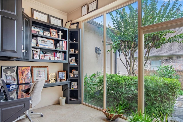 tiled office space with ornamental molding