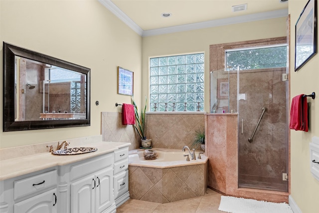 bathroom featuring vanity, tile patterned floors, ornamental molding, and shower with separate bathtub