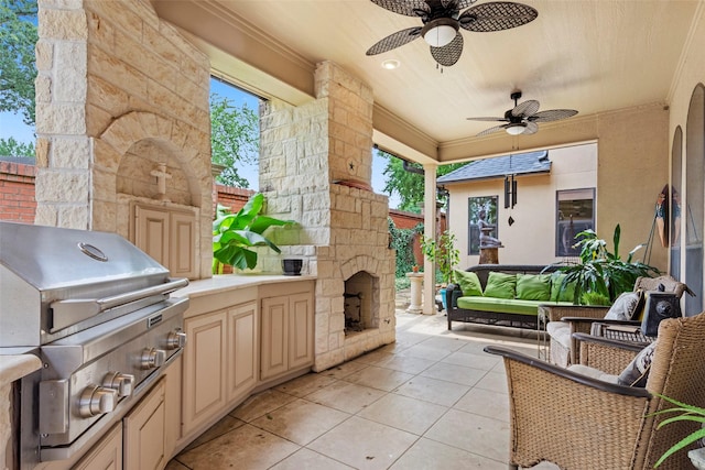 view of patio / terrace with ceiling fan and area for grilling