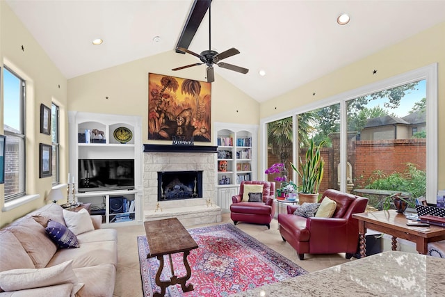 tiled living room with a stone fireplace, high vaulted ceiling, beam ceiling, and built in shelves