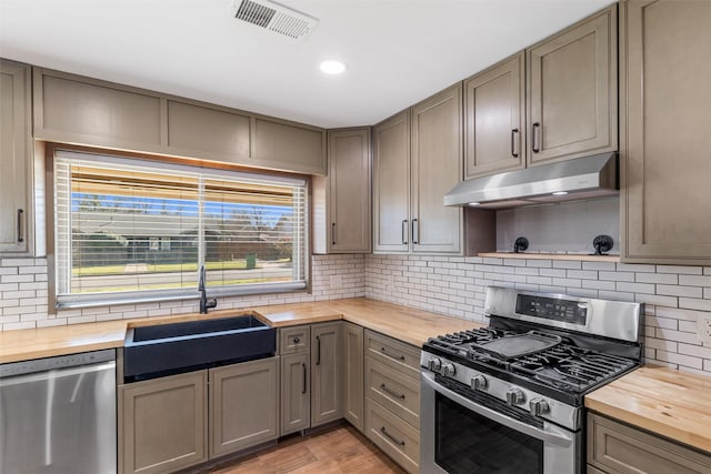 kitchen with wood counters, appliances with stainless steel finishes, sink, and decorative backsplash