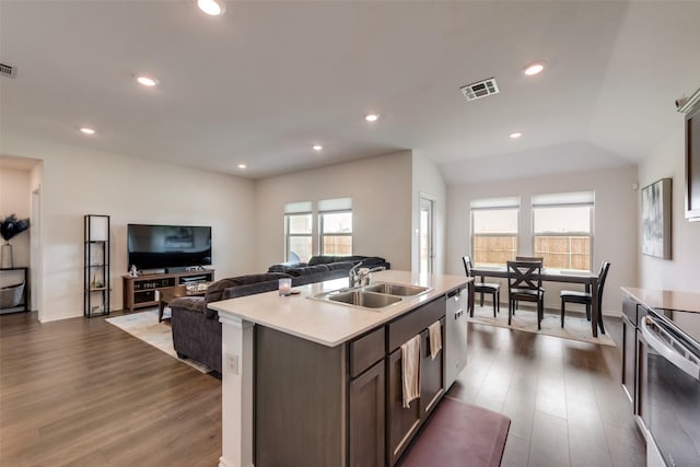 kitchen with appliances with stainless steel finishes, sink, a kitchen island with sink, and plenty of natural light