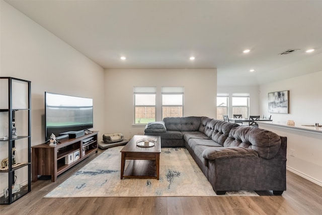 living room featuring light hardwood / wood-style flooring and a wealth of natural light