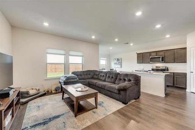 living room with sink and light hardwood / wood-style flooring