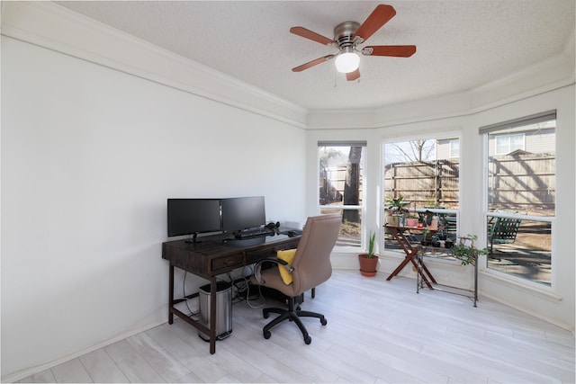 office area with ceiling fan, ornamental molding, a textured ceiling, and light wood-type flooring