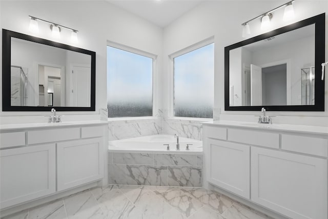 bathroom featuring a healthy amount of sunlight, a garden tub, and a sink