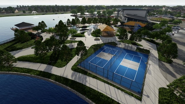 bird's eye view with a water view