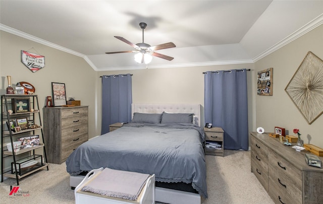 carpeted bedroom with crown molding and ceiling fan