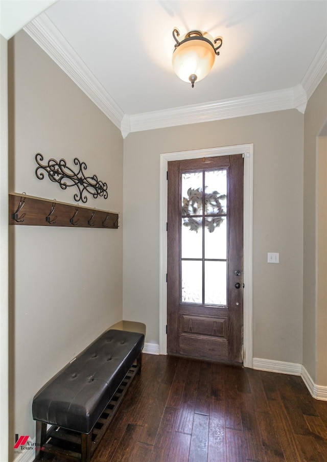 entryway with dark wood-type flooring and crown molding