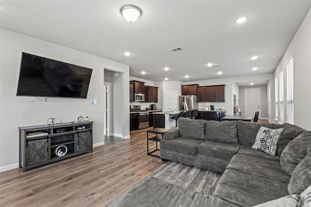 living room with hardwood / wood-style flooring and sink