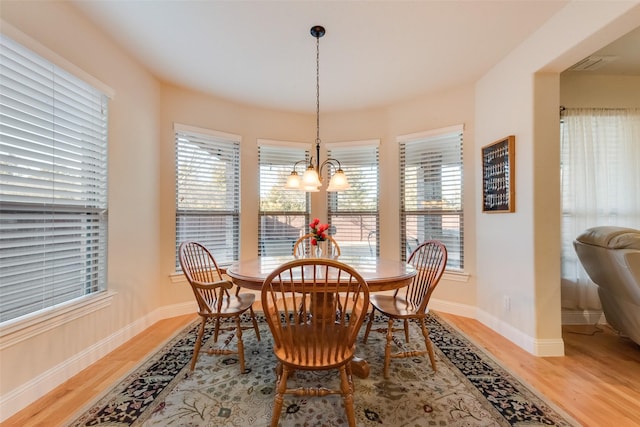 dining room featuring wood-type flooring and a chandelier