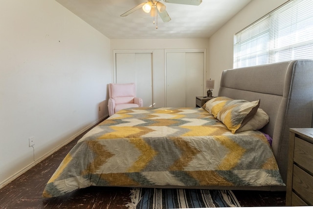 bedroom with ceiling fan and a closet