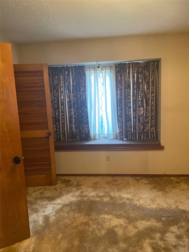 empty room with carpet floors and a textured ceiling