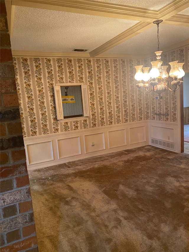 wine cellar with dark carpet, a chandelier, and a textured ceiling