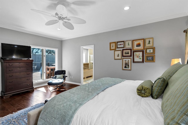 bedroom featuring ornamental molding, dark wood-type flooring, ensuite bathroom, and ceiling fan