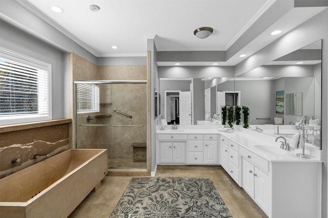 bathroom featuring crown molding, vanity, and plus walk in shower