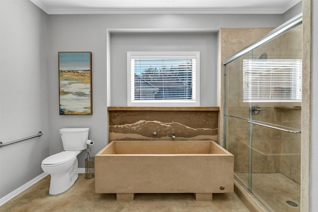 bathroom featuring crown molding, an enclosed shower, and toilet