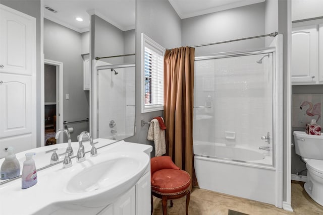 full bathroom featuring ornamental molding, shower / washtub combination, toilet, and vanity