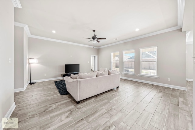 living room with ceiling fan, ornamental molding, and light hardwood / wood-style floors