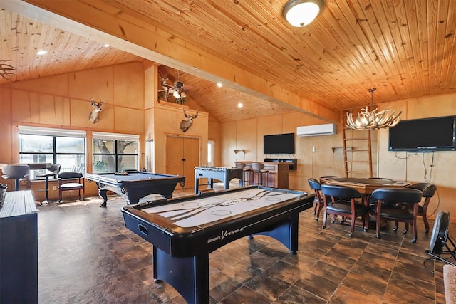 kitchen with a stone fireplace, a towering ceiling, wooden ceiling, and ceiling fan