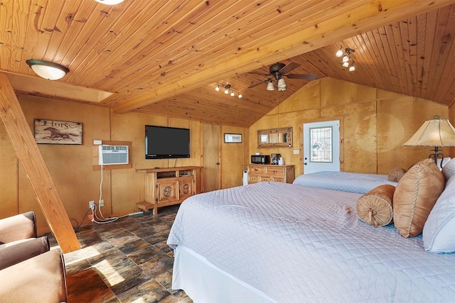 carpeted bedroom with rail lighting, vaulted ceiling, and wood ceiling