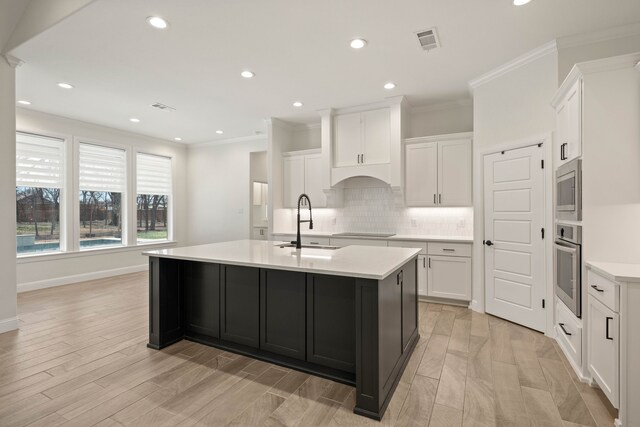 kitchen with stainless steel appliances, white cabinetry, sink, and a kitchen island with sink