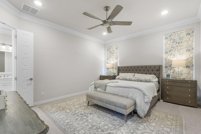 bedroom featuring connected bathroom, carpet floors, ornamental molding, and ceiling fan