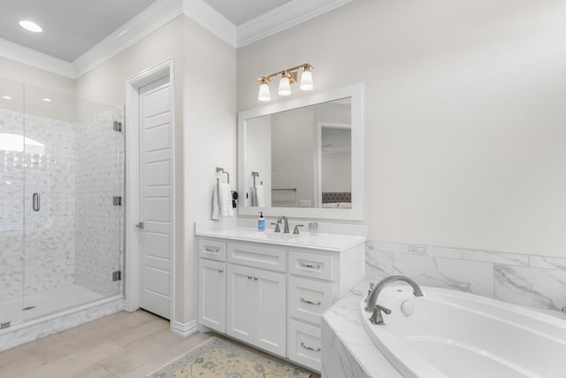 bathroom featuring ornamental molding, plus walk in shower, and vanity