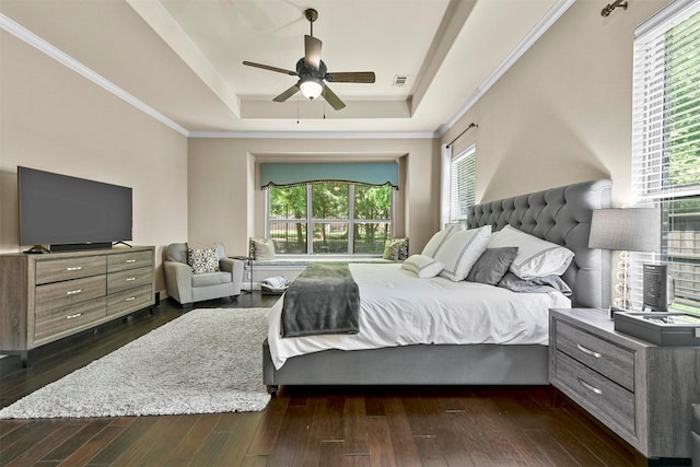 bedroom with dark wood-type flooring, crown molding, a raised ceiling, and multiple windows