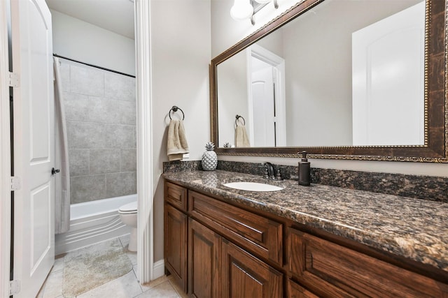 full bathroom with tile patterned flooring, vanity, toilet, and tiled shower / bath