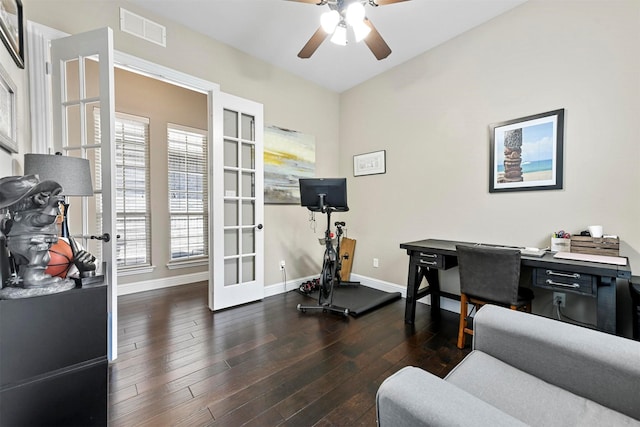 office featuring ceiling fan, dark hardwood / wood-style flooring, and french doors