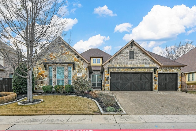 view of front of property with a garage and a front lawn