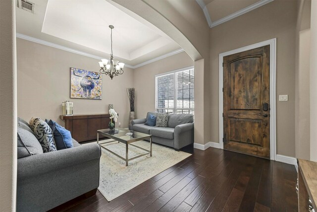 living room featuring dark wood-type flooring, a fireplace, high vaulted ceiling, and beam ceiling